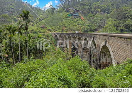Historic Nine Arches Bridge in lush jungle near Ella, Sri Lanka, no people visible 125782833