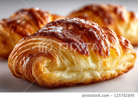 Flaky Croissants. A close-up of freshly baked 125782895