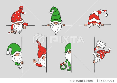 Gnomes peeking. Funny dwarves looking from corner. Banners with scandinavian style dwarf, christmas elves decorative design, neoteric vector elements 125782993