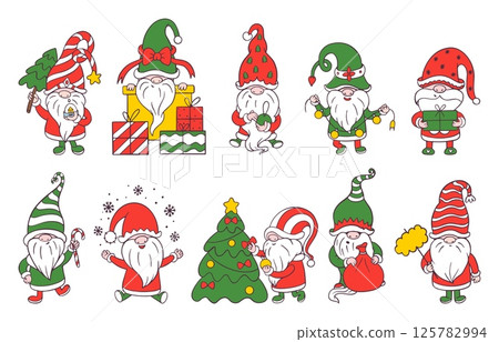 Christmas doodle gnomes. Cute dwarfs with gifts toys xmas tree. Scandinavian style characters, winter holiday funny creatures neoteric vector clipart 125782994