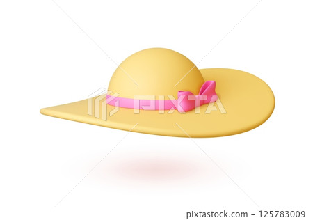 Female summer 3d hat. Beach vacation lady head accessory. Isolated travel outfit element, sunstroke safety fashion detail. Realistic render vector image 125783009