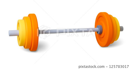 Barbell 3d element. Gym equipment, muscle training with weight. Fitness tools, sports, muscles pumping. Isolated rendering realistic vector object Barbell 3d element. Gym equipment, muscle training with weight. Fitness tools, sports, muscles pumping. Isolated rendering realistic vector object 125783017