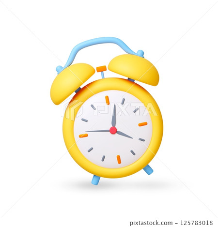 Alarm clock 3d icon. Cute yellow clock with bells, vintage style. Wake up morning concept, office deadline, meeting date reminder. Realistic vector element 125783018