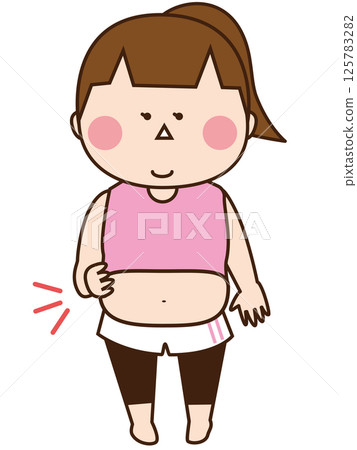 Woman with a ponytail and a bulging belly/Diet/Obesity/Health/Beauty 125783282