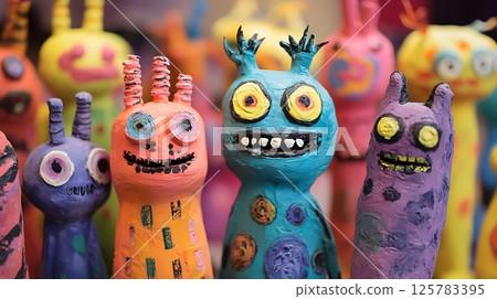 colorful clay monster figurines. Childish funny creatures with whimsical designs and expressions 125783395