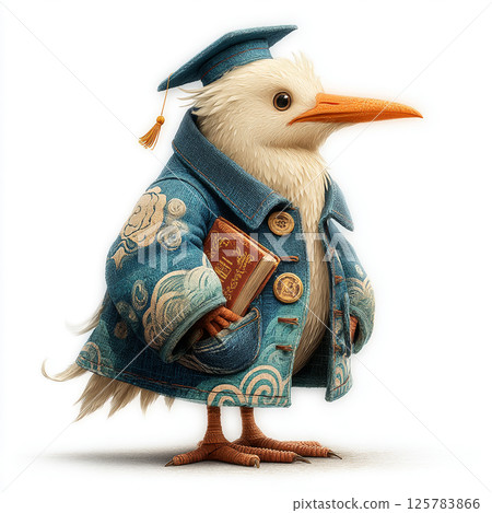 Scholarly Bird. Artistic bird in a graduation cap with a book 125783866