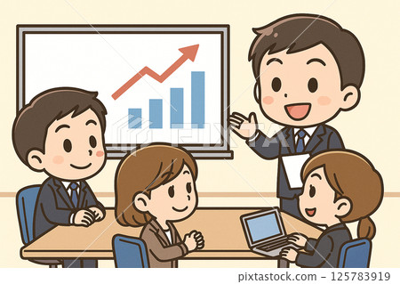 Mini character businessmen reporting sales results | Illustration material of a meeting scene 125783919