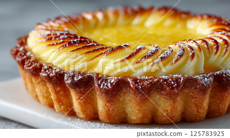 Lemon Tart. Deliciously crafted lemon tart with a golden crust and creamy filling on a marble plate. 125783925