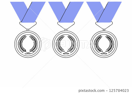 Three awards badge medals with blue ribbons,prize for winning 125784023