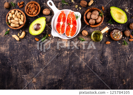 Healthy fat concept. Product with omega 3. Healthy fat concept. Product with omega 3. 125784105
