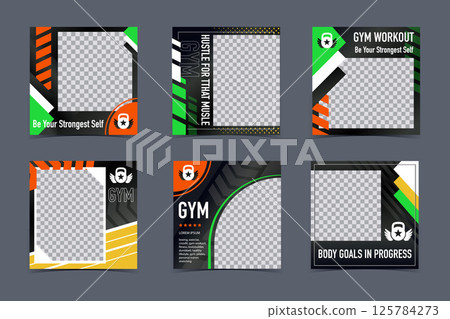 Gym Workout Card Templates. Square Sport Photo Frames for Social Media, Promo 125784273