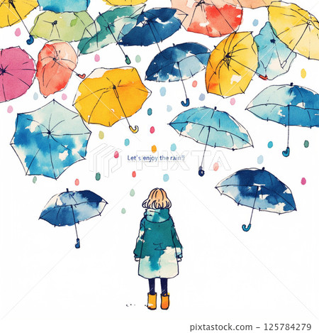 許多雨傘和“讓我們享受雨吧！！”的字樣。 125784279