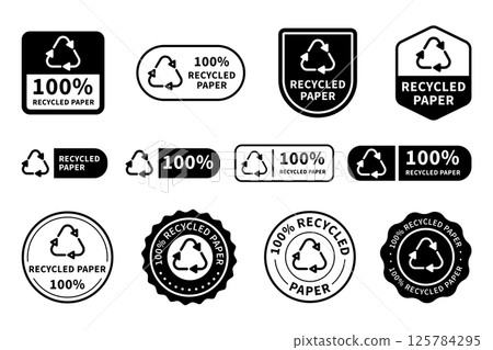 Recycled Paper Badges Set. Circular Economy Product Icons with text Recycled Paper Badges Set. Circular Economy Product Icons with text 125784295