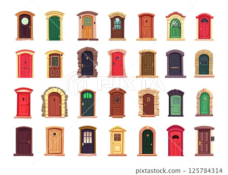 Wooden metal door gates cartoon collection. Steel hinges stone walls arches, small glass panes, varied ancient pathways doorways barriers, access points isolated vector illustration white backdrop 125784314