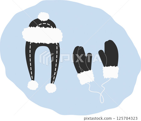 Ear flap hat and Mittens with fur decor Winter clothes Sticker Icon Logo Tag design element Idea Set 125784323