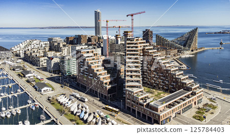 Aarhus oe with Nicolinehus, A house, Lighthouse and the marina 125784403