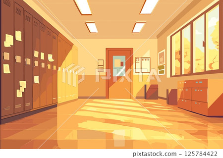 School corridor horizontal background. Bright illumination big windows. Indoor hallway view with student lockers. Clean empty area. Cartoon style vector illustration 125784422