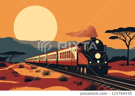 Retro train in the African landscape. Horizontal background. Vintage travel poster. Steam from the train pipe nature sun mountains sandy hills. Flat cartoon vector illustration 125784430