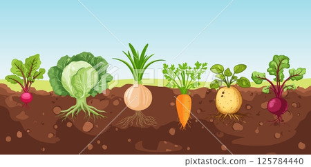 Planted vegetable in the ground horizontal background. Organic farm food vegetable grow in the soil with green top leaves and roots. Raw healthy radish beetroot potato onion. Vector illustration 125784440