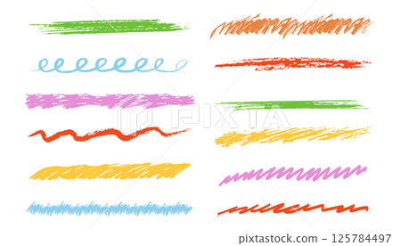 Crayon underline stroke brush mark, grunge textured hand drawn sketch border, divider. Pastel colored scribble highlight charcoal rough.  125784497