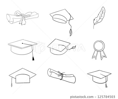 Graduation hat doodle line. University Cap of graduate and certificate degree hand drawn outline. Graduation hats sketch Graduation hat doodle line. University Cap of graduate and certificate degree hand drawn outline. Graduation hats sketch 125784503