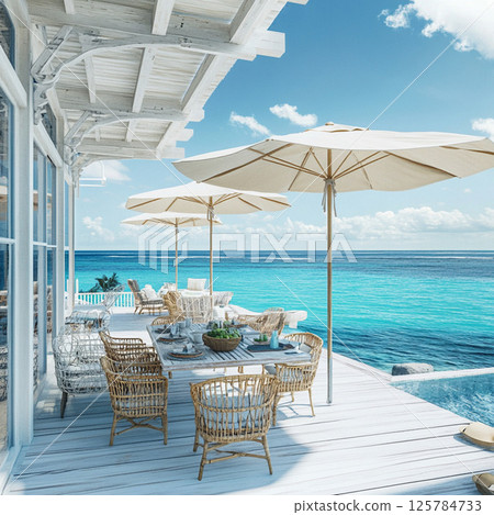 A blissful lunch terrace surrounded by white light and the sea 125784733