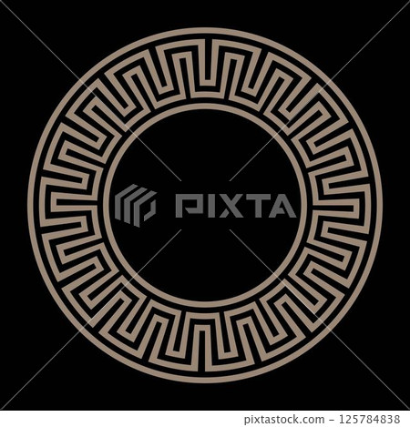Gold Classic Roma round ornament. Golden Round frame with romano ornament. Circle of Roman Empire, Ancient Greece. Byzantine, Roman, egyptian, assyrian, greek motive. For ceramic, textile, embroidery 125784838