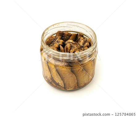 Canned sardine fillet, marinated pilchard, traditional sprat in oil, glass jar 125784865