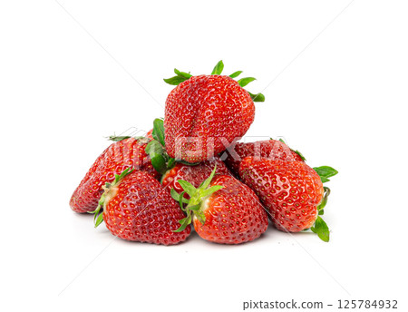 Fresh strawberry isolated, whole ripe straw berry, red juicy imperfect strawberri with green leaves Fresh strawberry isolated, whole ripe straw berry, red juicy imperfect strawberri with green leaves 125784932