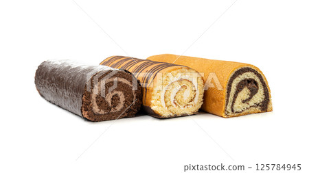 Swiss Rolls Set, Round Sponge Cakes Isolated, Rolled Vanilla Biscuit Set with Cocoa Cream, Poppy Seeds 125784945