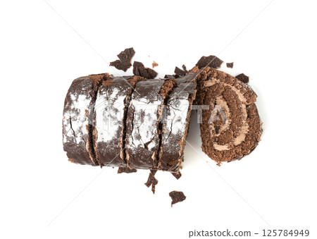 Chocolate Swiss Roll, Round Sponge Cake Isolated, Sliced Rolled Vanilla Biscuit with Cocoa Cream Filling 125784949