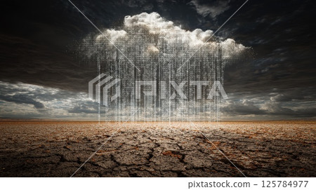 Binary Cloud Over Dried Cracked Earth Representing Digital Climate Concepts 125784977