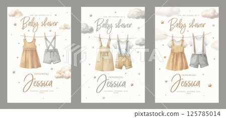 Cute baby shower watercolor invitation card for baby and kids new born celebration. Card with baby dress. Cute baby shower watercolor invitation card for baby and kids new born celebration. Card with baby dress. 125785014