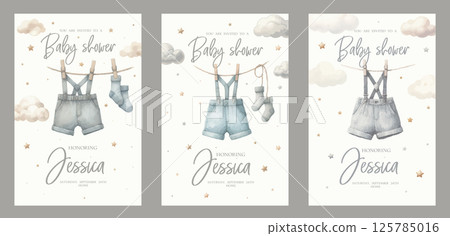 Cute baby shower watercolor invitation card for baby and kids new born celebration. Card with baby dress. 125785016