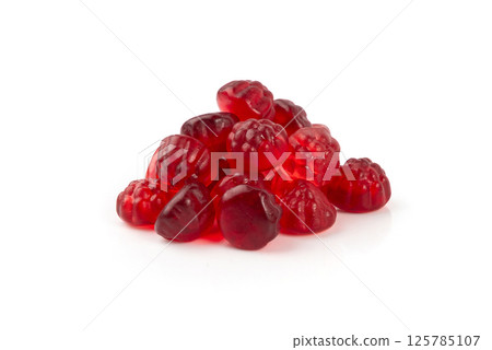 Fruit gummy candy pile isolated, vegan chewing marmalade pills, jelly gumdrops heap Fruit gummy candy pile isolated, vegan chewing marmalade pills, jelly gumdrops heap 125785107