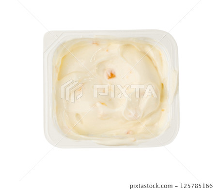 Yogurt cup isolated, yoghurt in plastic pot, spoon in milk pudding container, dairy food small package Yogurt cup isolated, yoghurt in plastic pot, spoon in milk pudding container, dairy food small package 125785166