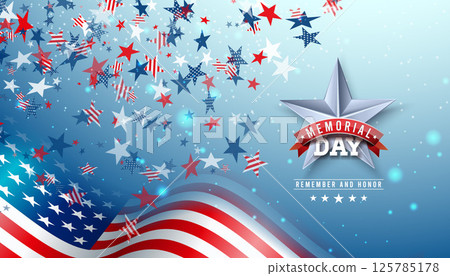 Memorial Day of the USA Vector Illustration with American Flag on Falling Colorful Star Background. National Veteran Patriotic Celebration Design with Typography Lettering for Banner, Flyer, Greeting 125785178