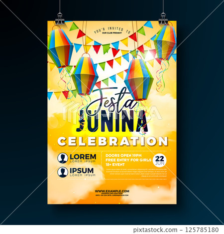Festa Junina Party Flyer Design with Flags, Paper Lantern and Typography on Yellow Background. Vector Brazil June Festival Illustration for Celebration Poster or Holiday Invitation. Traditional Festa 125785180