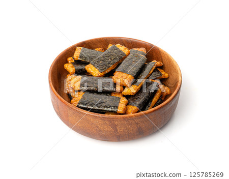 Senbei isolated, kaki no tane rice crackers, japanese crispy snack, sembei, okaki with wasabi, nori Senbei isolated, kaki no tane rice crackers, japanese crispy snack, sembei, okaki with wasabi, nori 125785269