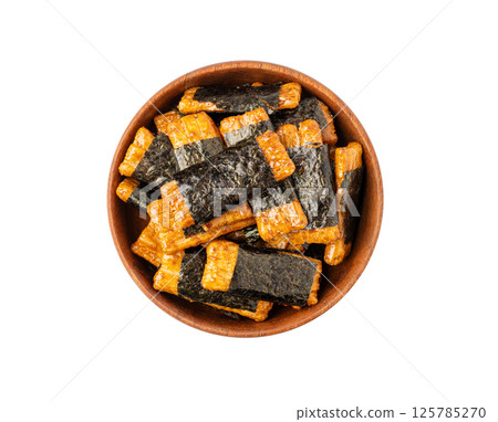 Senbei isolated, kaki no tane rice crackers, japanese crispy snack, sembei, okaki with wasabi, nori Senbei isolated, kaki no tane rice crackers, japanese crispy snack, sembei, okaki with wasabi, nori 125785270