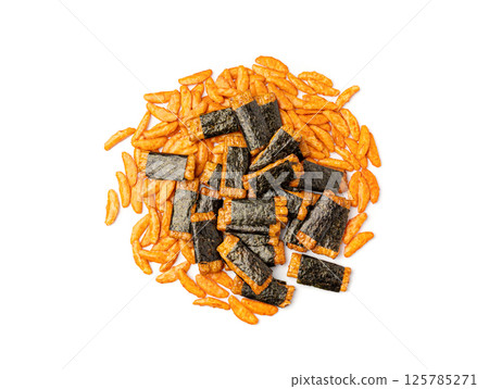 Senbei isolated, kaki no tane rice crackers, japanese crispy snack, sembei, okaki with wasabi, nori Senbei isolated, kaki no tane rice crackers, japanese crispy snack, sembei, okaki with wasabi, nori 125785271