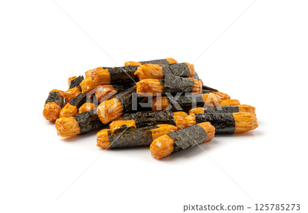 Senbei isolated, kaki no tane rice crackers, japanese crispy snack, sembei, okaki with wasabi, nori Senbei isolated, kaki no tane rice crackers, japanese crispy snack, sembei, okaki with wasabi, nori 125785273