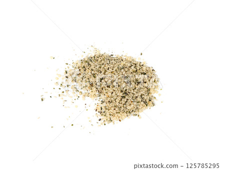 Shelled hemp seeds pile isolated, peeled cannabis grains, marijuana kernels without peel 125785295
