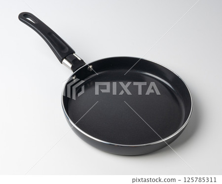 Small frying pan isolated, new non stick mini skillet, empty nonstick surface cookware, single egg pan, 125785311