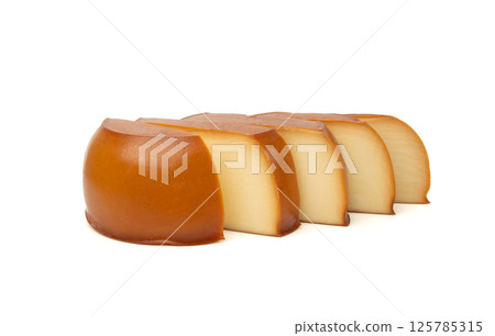 Smoked Round Cheese Isolated, Camel Milk Cheese, Mountain Snack, Sheep Milk Product on White 125785315