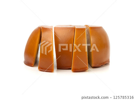 Smoked Round Cheese Isolated, Camel Milk Cheese, Mountain Snack, Sheep Milk Product on White 125785316