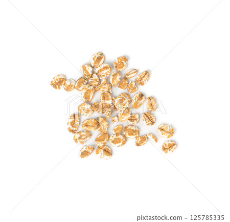Spelt flakes isolated, dry raw rolled flat oat grains, wheat, oatmeal or bran, barley rye cereals 125785335