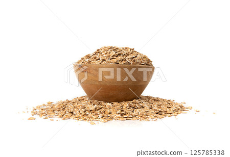 Spelt flakes isolated, dry raw rolled flat oat grains, wheat, oatmeal or bran, barley rye cereals 125785338