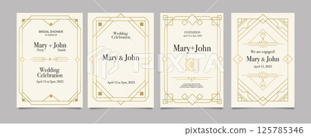 Art deco invitation. Luxury wedding card. Classic elegant party invitations with decorative frame, gold text in 1920s art deco style. Ornate border cards for fancy events. Vector set 125785346