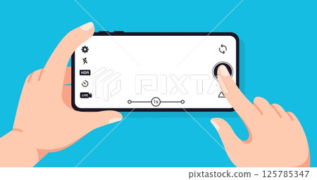 Taking photo with smartphone. Using mobile phone camera for making picture. Finger touching button on smartphone. Hand holding device. Media content creation. Vector concept Taking photo with smartphone. Using mobile phone camera for making picture. Finger touching button on smartphone. Hand holding device. Media content creation. Vector concept 125785347